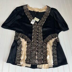 BCBGMaxAzria Black Ivory Lace Short Sleeve Top Women's Blouse Large NEW